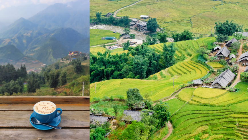 Minum kopi di tepi pegunungan Sapa menghadap ke arah lembah Muong Hoa dan desa perbukitan