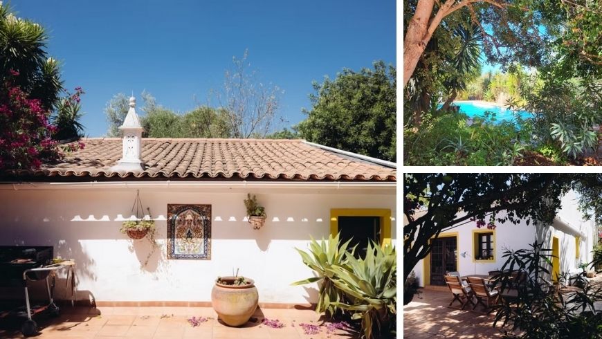 A sinistra foto della Casa Amarela, a destra in alto foto della piscina immersa nel verde e in basso foto della casa amarela da un'altra prospettiva