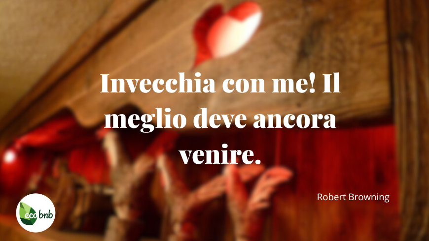 Citazione su Amore e Viaggio. Un cuore intagliato nel legno, accompagna la frase:
“Invecchia con me! Il meglio deve ancora venire.”
L’immagine richiama la bellezza del tempo che passa, simbolo di un amore che cresce, si rafforza e continua il suo viaggio stagione dopo stagione.