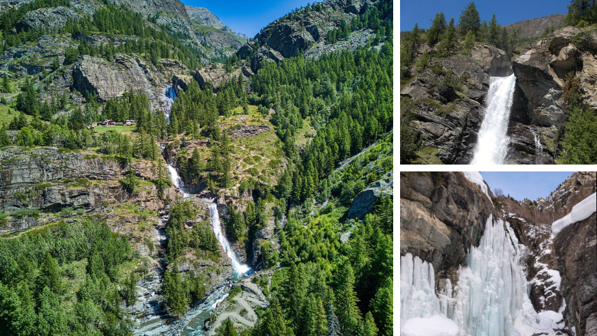 Scorci delle Cascate di Lillaz, sia in primavera che in inverno ghiacciate