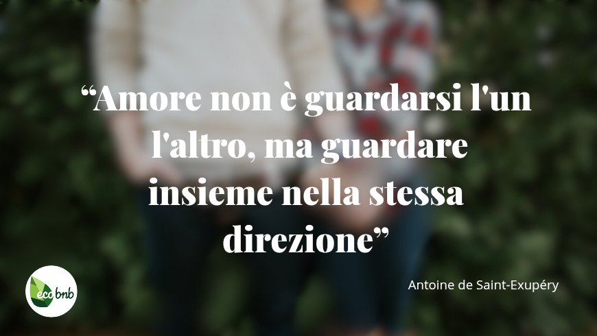 Una coppia si tiene per mano davanti a un paesaggio verde, mentre in sovrimpressione compare la celebre citazione di Antoine de Saint-Exupéry: “Amore non è guardarsi l’un l’altro, ma guardare insieme nella stessa direzione”. Un’immagine che racconta il legame tra amore e viaggio, tra condivisione e scoperta.