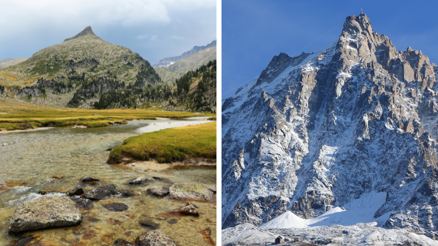 Pico de Aneto nei Pirenei a confronto con il Monte Bianco nelle Alpi
