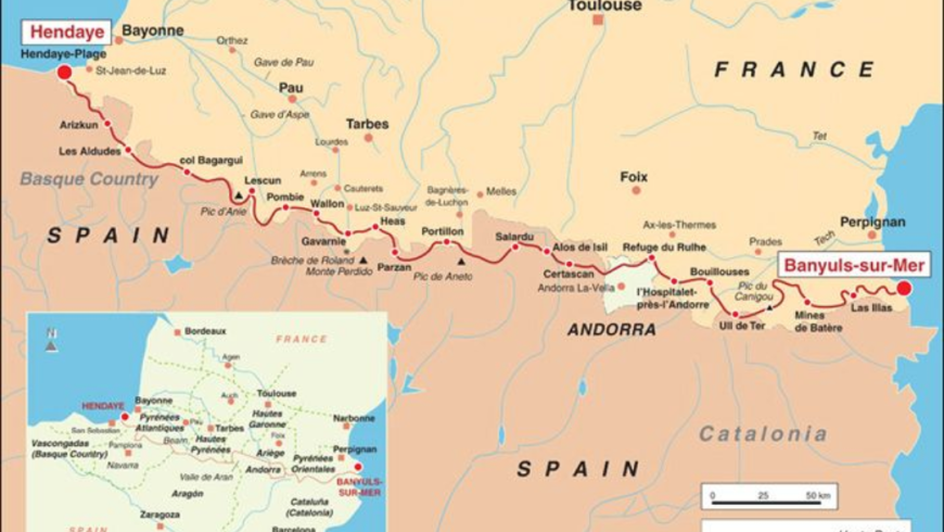Mappa della Haute Route Pyrénéenne (HRP) attraverso i Pirenei.