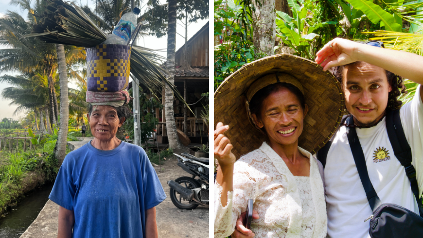 Viaggatore che cammina in un. villaggio per connetersi con la comunita' locale quando si viaggia.