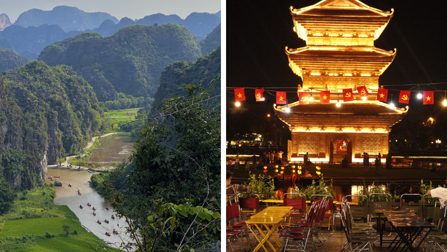 Valle di Ninh Binh con fiume, risaie e barche tradizionali in Vietnam, Pagoda illuminata ad Hanoi di notte, Vietnam