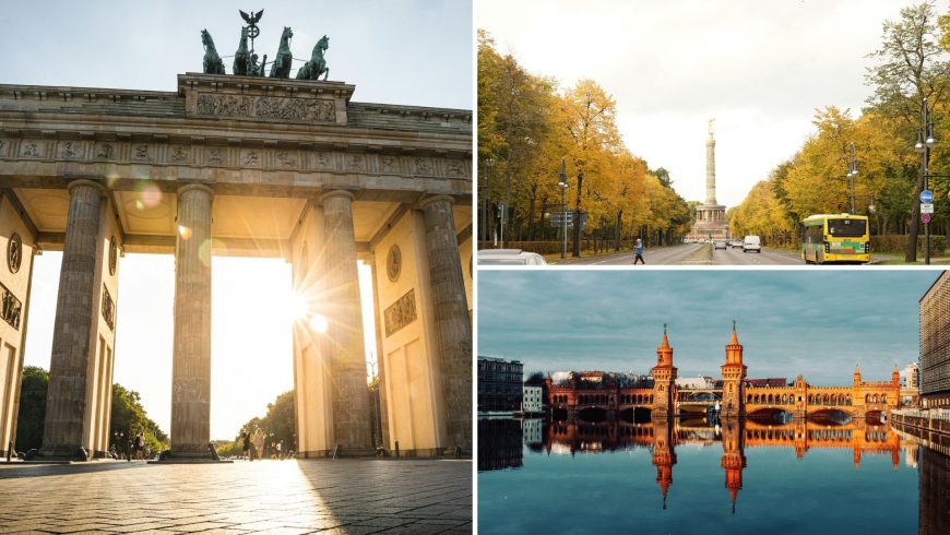 A sinistra Porta di Brandeburgo, a destra in alto vista della Colonna della Libertà dai Tiergarten e in basso Oberbaumbrücke, famoso ponte di Berlino