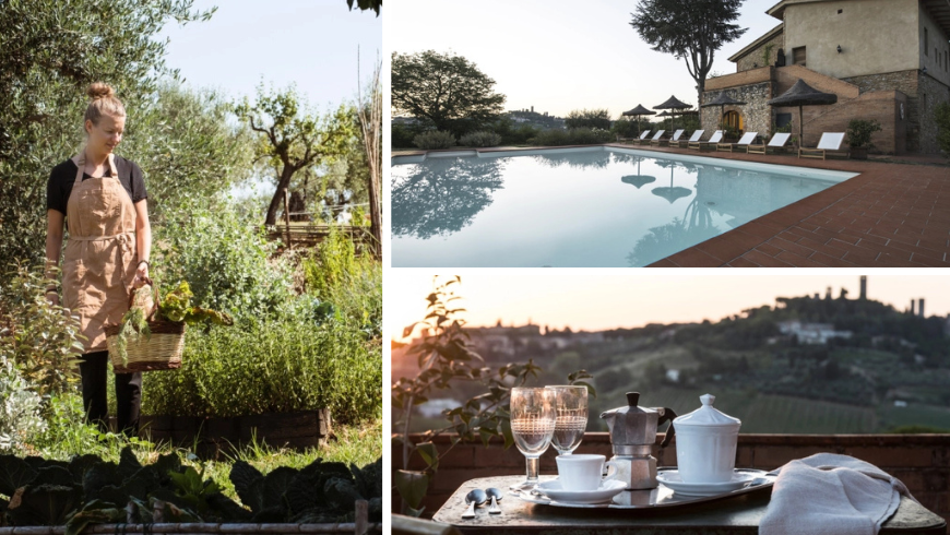 piscina giardino con orto e tavolo con vista panoramica 