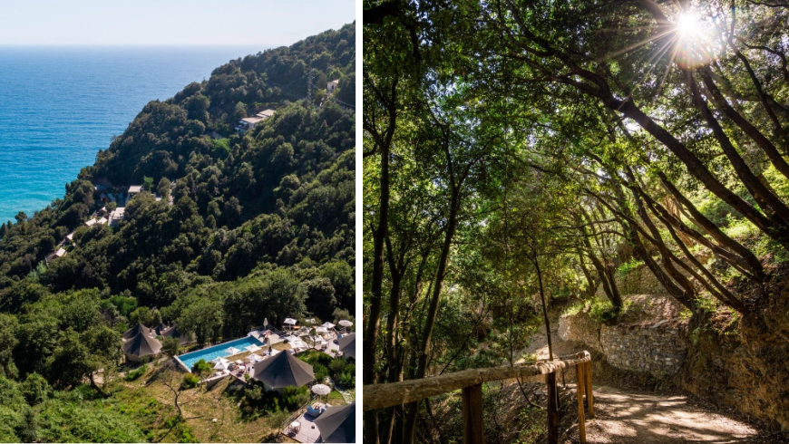 vista sulle montagne che scendono a picco sul mare e sentiero naturalistico