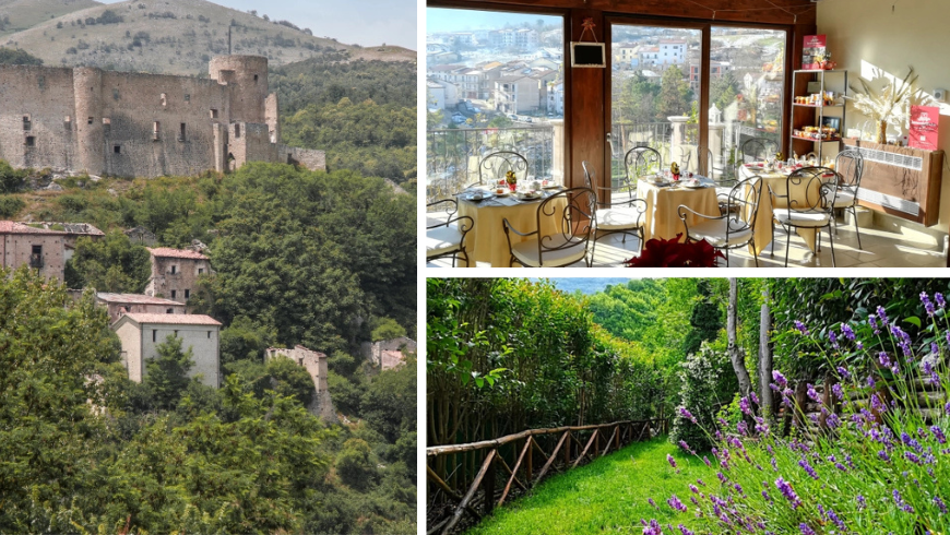 vista castello medievale sala da pranzo con tavoli e sentiero con piante di lavanda