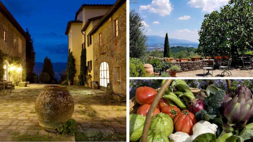 Casolare in pietra verdura di stagione e panorama collinare