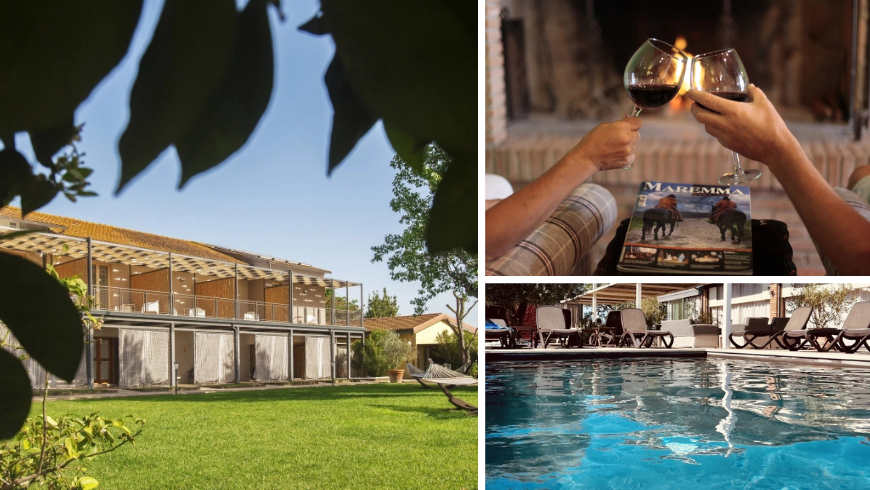 piscina brindisi con calici di vino e prato dell'agriturismo Country Resort Le Due Ruote