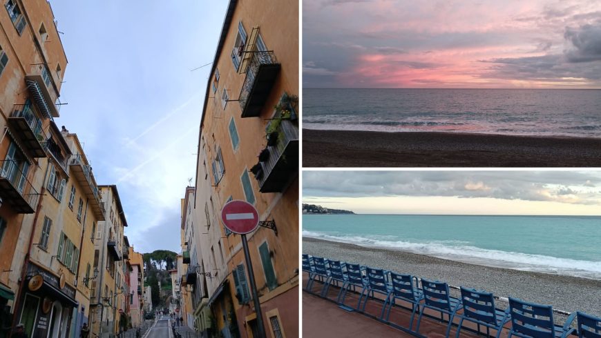 Città vecchia di Nizza, tramonto sul Mediterraneo e sedie blu della Promenade des Anglais lungo la Costa Azzurra.