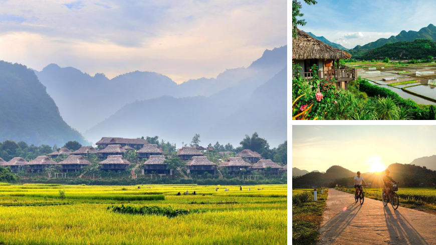 Mai Chau valley landscape with rice fields and eco lodges in Vietnam