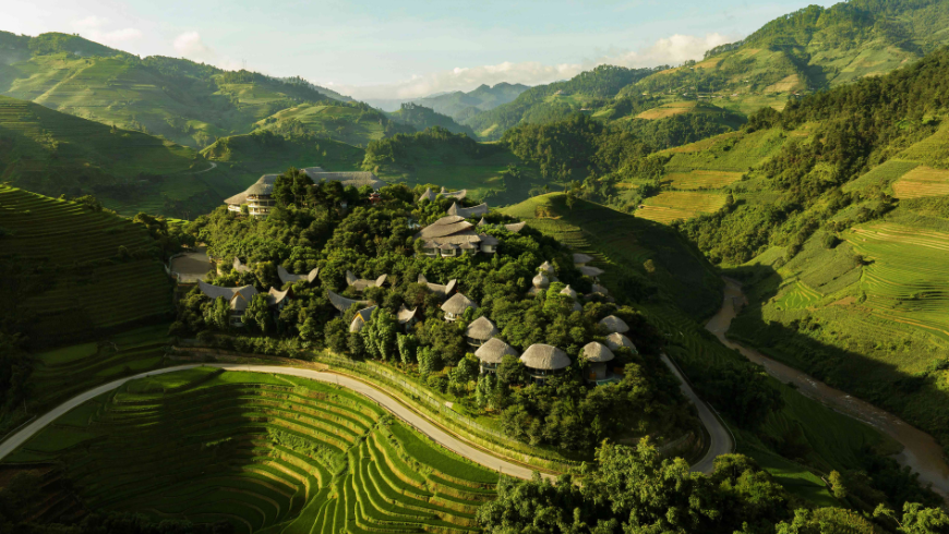 Terraced rice fields and eco resort in Mu Cang Chai Vietnam
