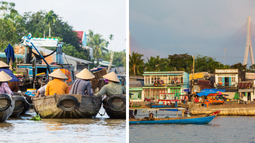 foto delle case lungo il fiume Mekong e delle barche