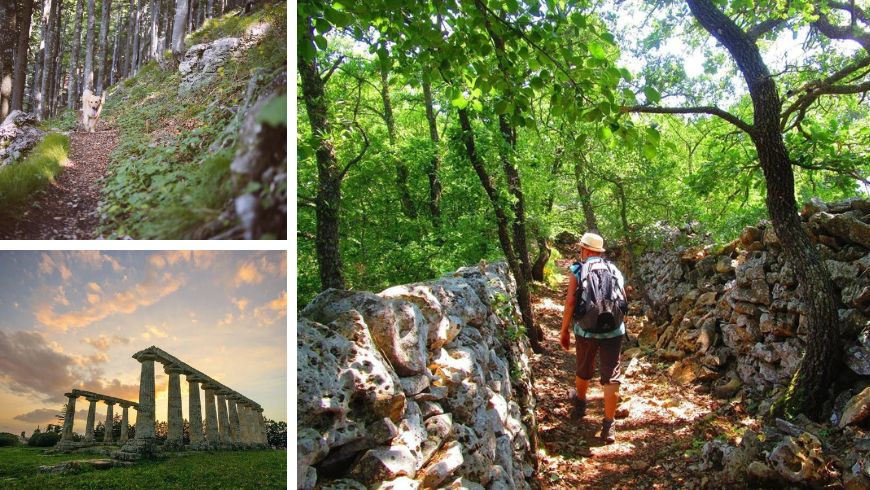Foto di trekking tra i sentieri del Parco della Murgia e di un tempio greco