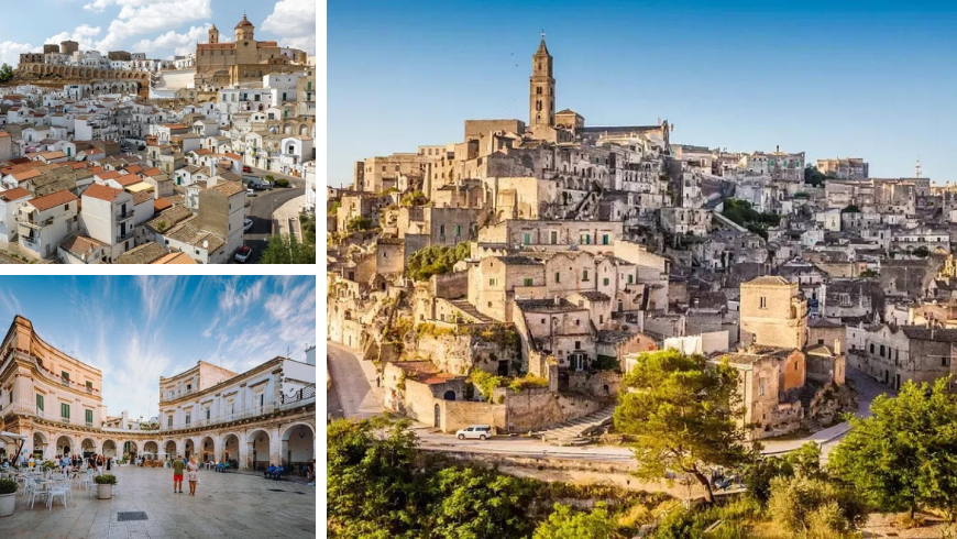 Foto panoramiche dei meravigliosi borghi di Matera, Pisticci e Martina Franca