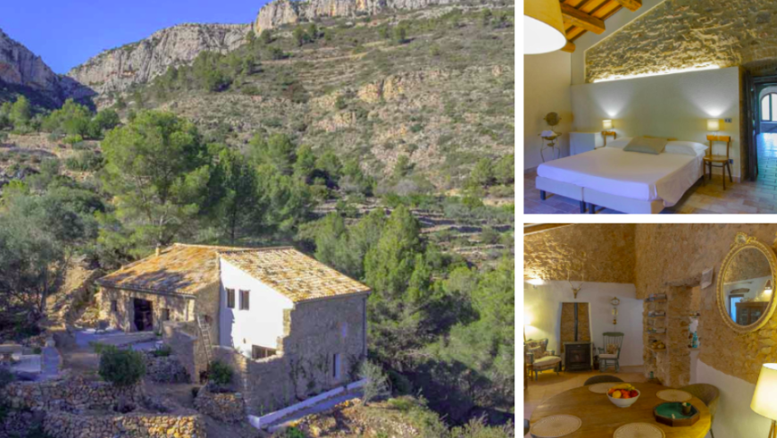 Finca Eco-Vida in Spagna: foto dall'esterno della casa circondata dalle montagne, della camera da letto e della sala da pranzo. 