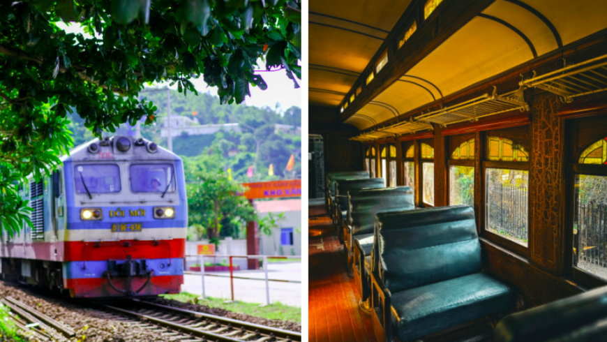 Linea ferroviaria a Hue e interni di un treno vintage. 