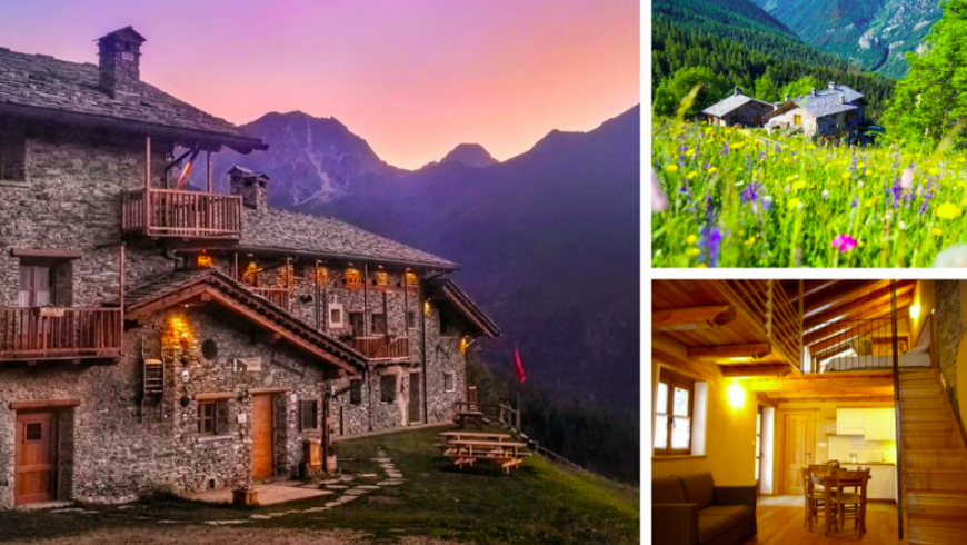Sagna Rotonda in Italia: Vista dell'esterno della casa al tramonto circondata da natura e montagne e foto degli interni. 
