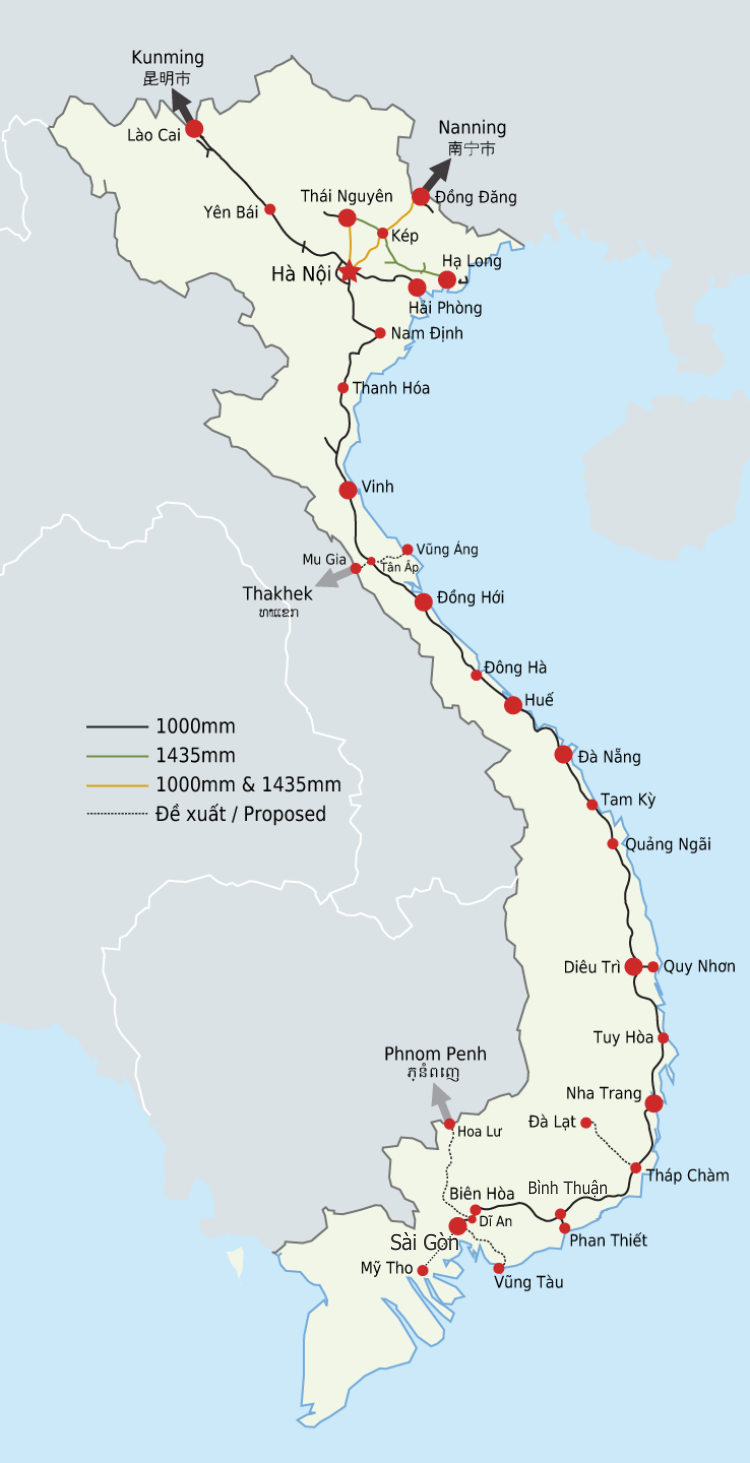 mappa della linea ferroviaria in Vietnam, da nord a sud