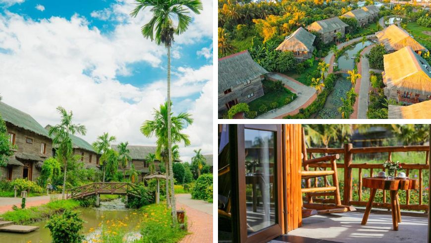 Foto di Can Tho Ecolodge, della struttura sostenibile con vari bungalow e dei dettagli in legno
