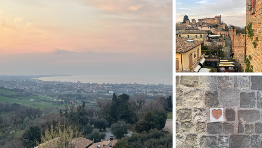 Vista del mare e della riviera al tramonto da Gradara, Borgo e passeggiata degli innamorati