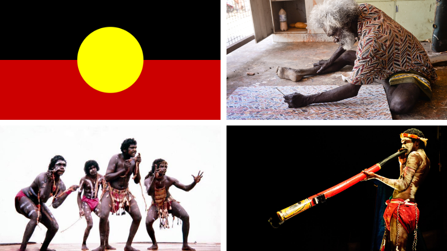 Bandiera aborigena australiana, cultura, danza aborigena, esibizione e pittura