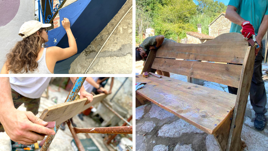 recupero dei materiali per creare panchine e tanto altro, e arte sulla scalinata del casolare