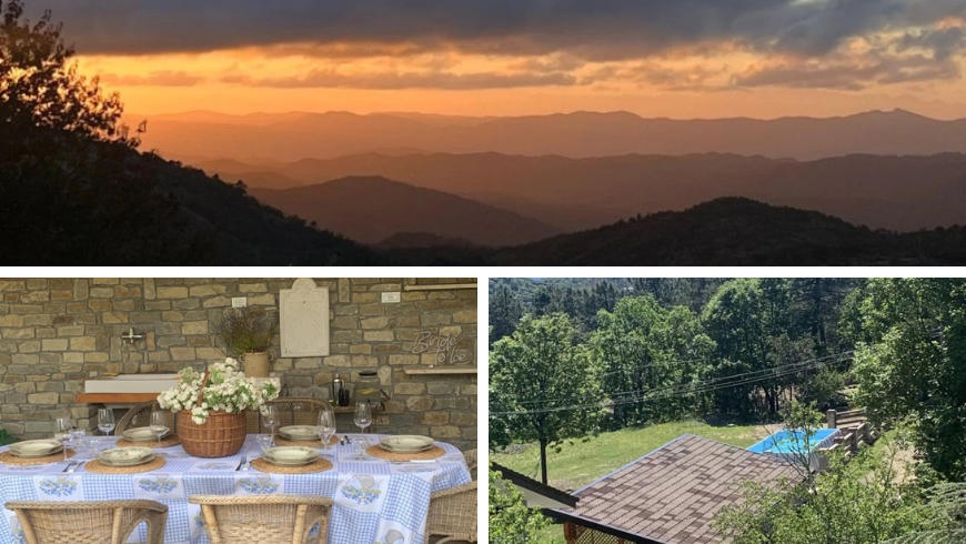 Vista da Mountain House con tramonto, tavola apparecchiata con fiori del giardino e giardino con piscina