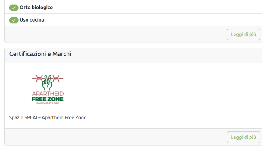 Logo SPLAI - Apartheid Free Zone tra i marchi e le certificazioni mostrati nella scheda di una struttura ricettiva su Ecobnb