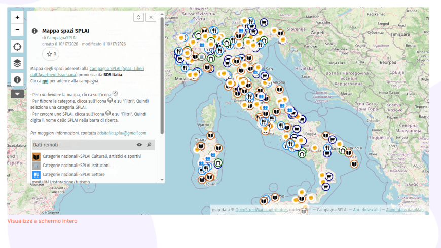 Mappa degli spazi SPLAI (Spazi Liberi dall’Apartheid Israeliana) in Italia