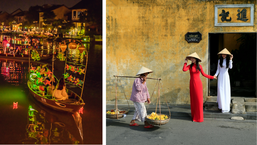 Barca con lanterne a Hoi An alla sera e ragazze con vestiti locali