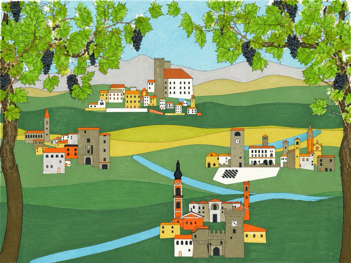 Locandina illustrativa della tappa di Valle Panaro, con alberi e un fiume che percorre i vari borghi della valle