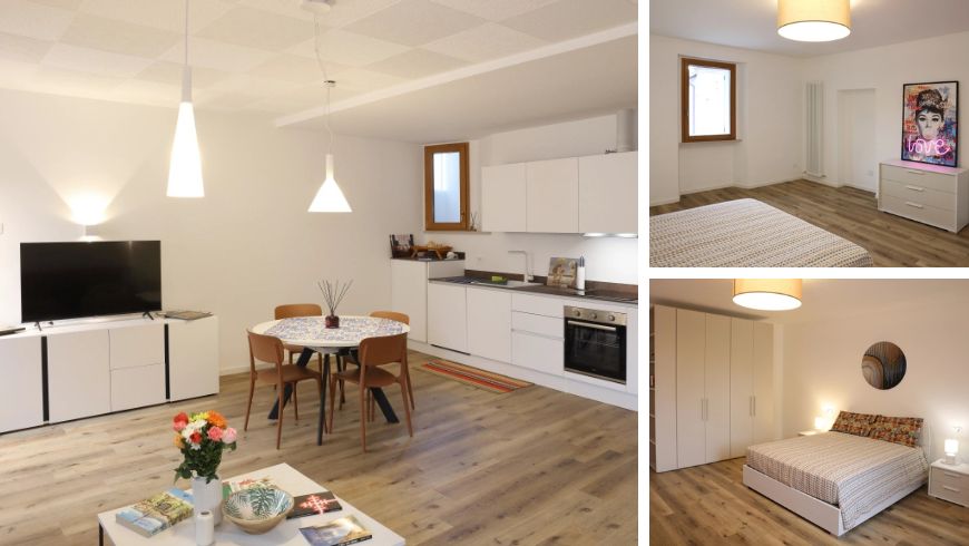 Collage dell'appartamento eco-friendly Torricelli 15 a Fossombrone con interni accoglienti, dettagli d'arredo sostenibili e ambienti luminosi nel centro storico delle Marche.