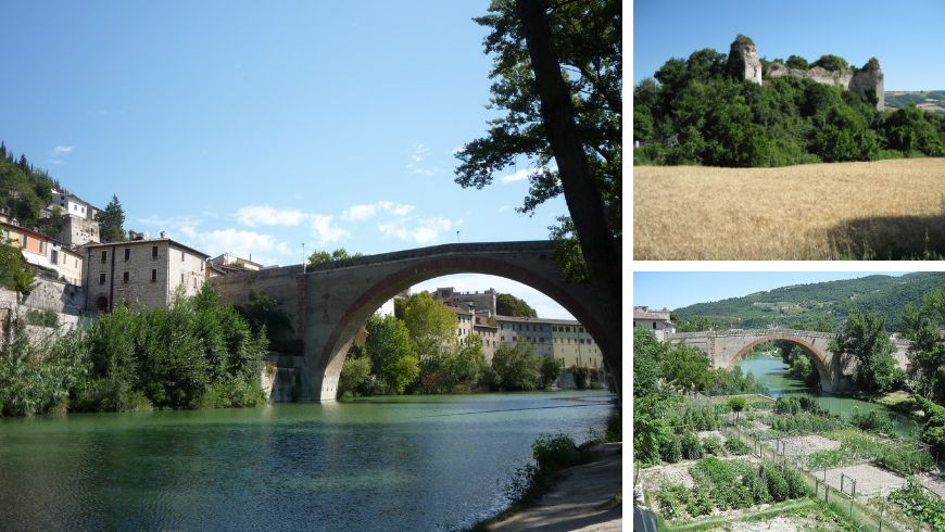 Collage di Fossombrone nelle Marche con il ponte sul fiume Metauro, gli orti lungo il fiume e la Rocca Malatestiana.