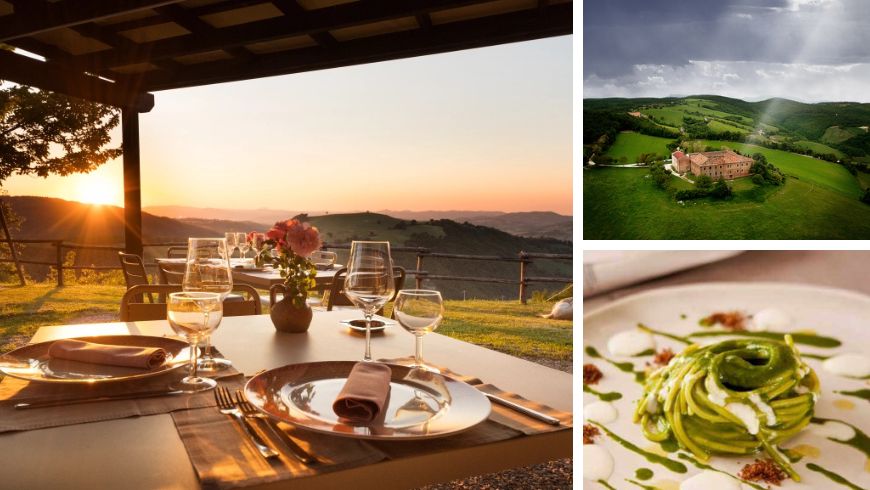 Vacanza rigenerativa al bioagriturismo Girolomoni nelle Marche, immerso nella natura, con tavolo apparecchiato vista colline e piatto di pasta biologica.