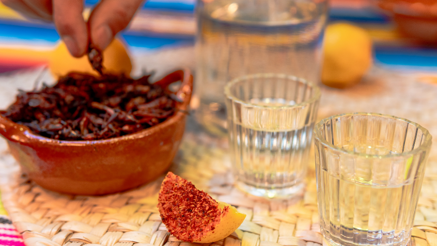Bicchierini di mezcal messicano preparati con sale al peperoncino e chapulines (cavallette tostadas), tipici della tradizione gastronomica locale.