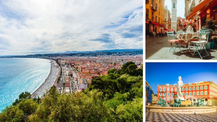 Collage di immagini: Panorama di Nizza dalla Collina del Castello; una stradina nel centro storico di Nizza e piazza del centro storico della Costa Azzurra.