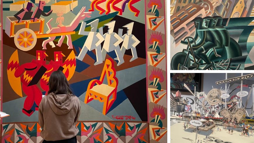 Opere colorate di Fortunato Depero e plastico futurista di New York esposti alla Casa d’Arte Futurista Depero di Rovereto.