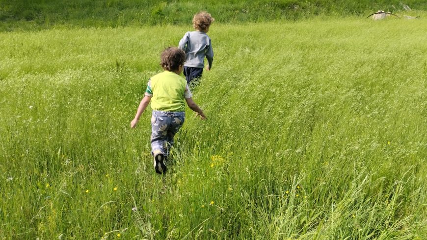 Bambini che giocano liberamente su un prato immersi nella natura.