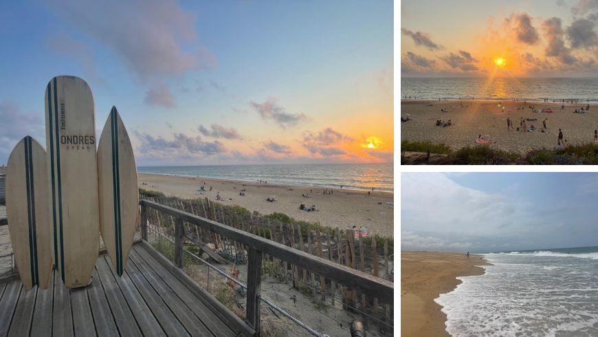 Spiaggia di Ondres nelle Landes con tavole da surf e onde dell’Oceano Atlantico