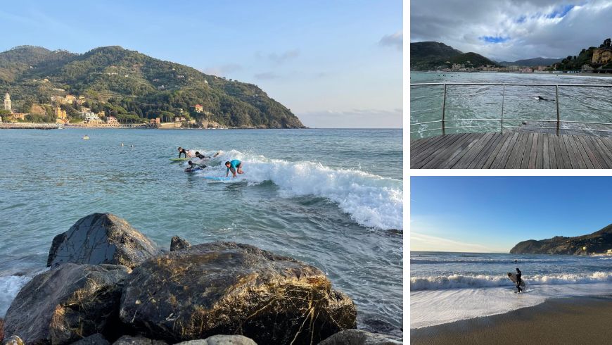 Surf sulla spiaggia di Levanto con le onde del Mar Ligure