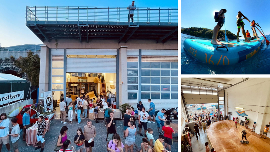 Festa del Brothers Surf Club a Levanto con ragazzi che fanno skate e persone in SUP in mare