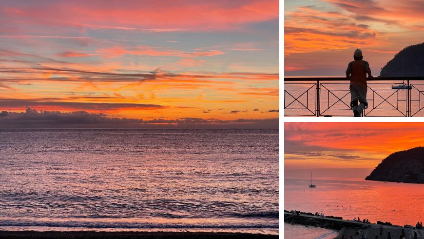 Tramonti spettacolari sul golfo di Levanto con cielo rosa, arancio e rosso