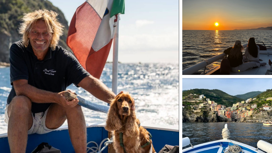Marco sulla barca al tramonto, un cane a bordo e panorama delle Cinque Terre dal mare.