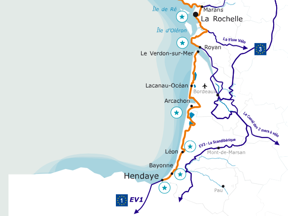 Mappa della Vélodyssée, la grande ciclovia atlantica lungo la costa francese