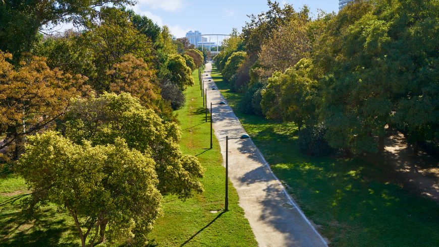 Jardín del Turia a Valencia, grande parco verde urbano nell'antico letto del fiume