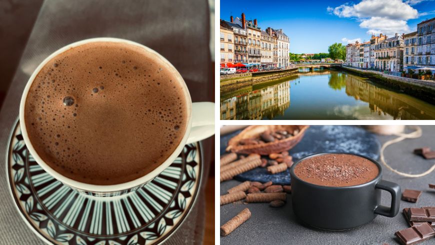 Bayonne, strada del centro storico con architettura basca e cioccolata calda artigianale