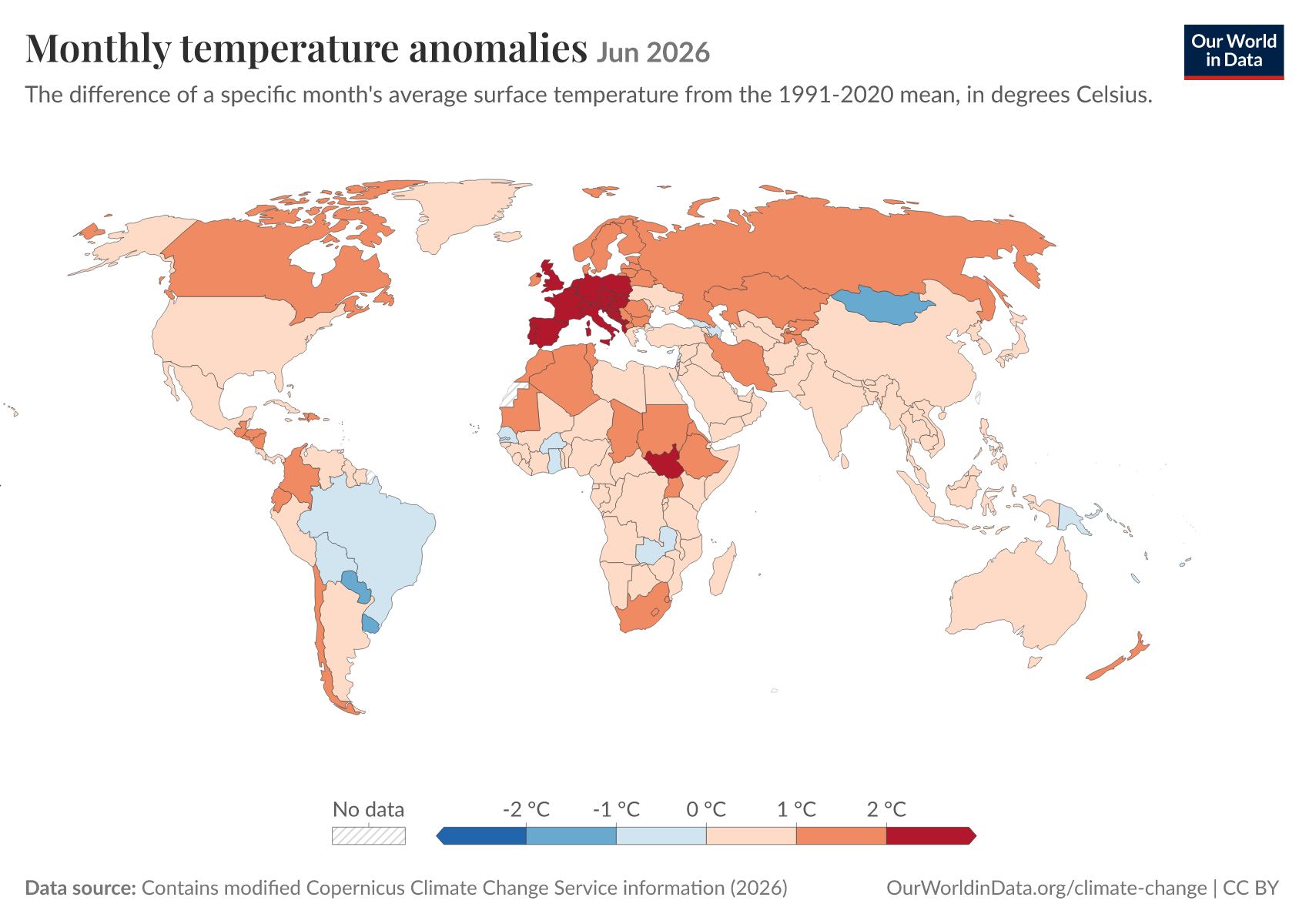 Mappa delle anomalie di temperatura in Europa a giugno 2026, con temperature superiori alla media in gran parte del continente